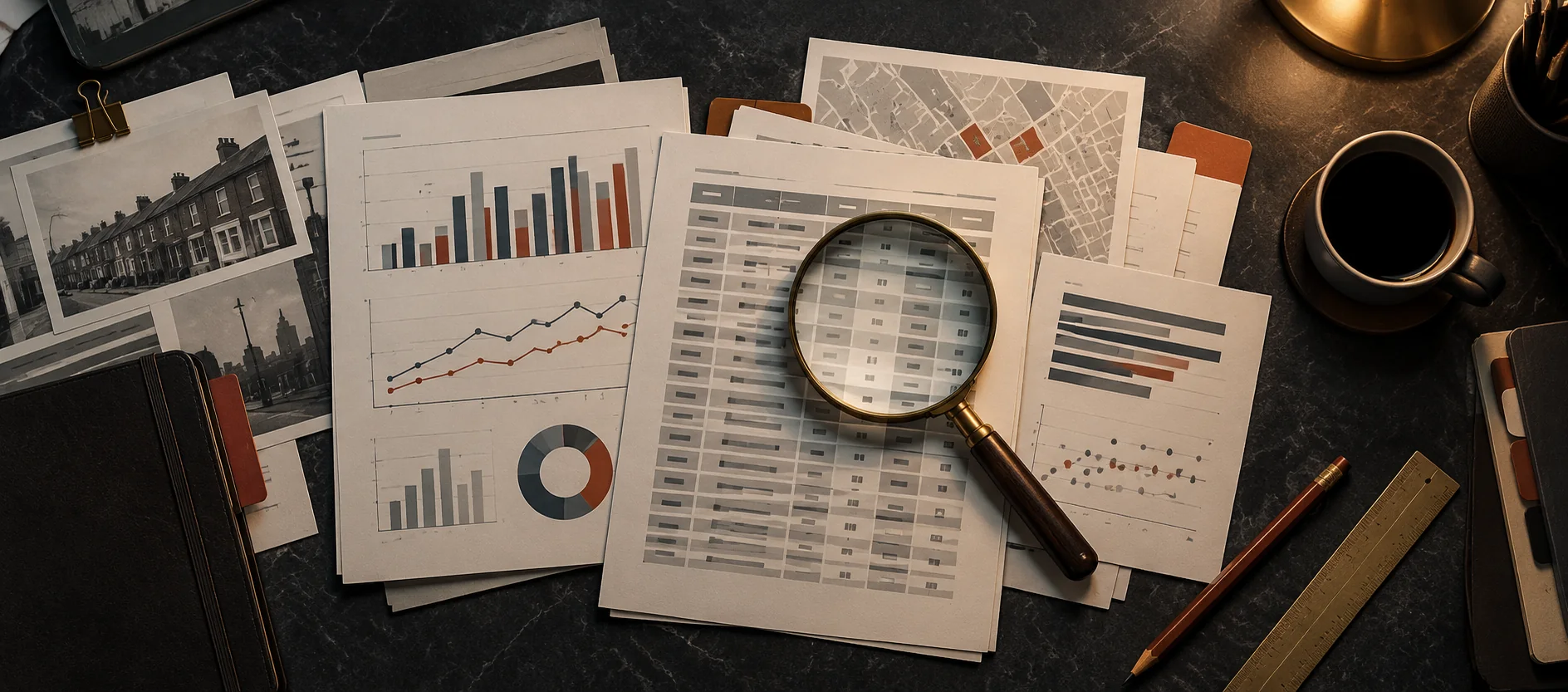 Editorial evidence desk with source sheets, charts and a magnifying glass