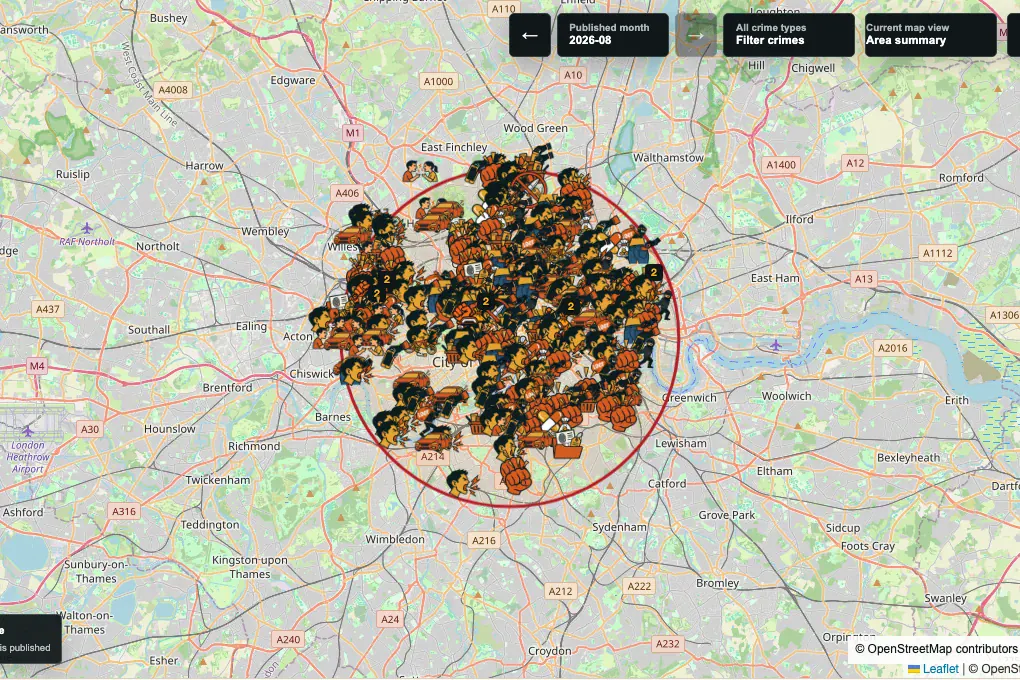 CrimeRate map interface showing anonymised crime icons and filters over Central London