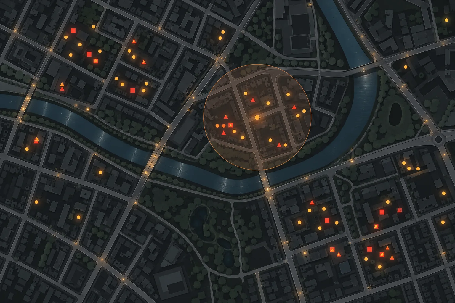 Conceptual illustration of anonymised crime points collected around nearby map locations